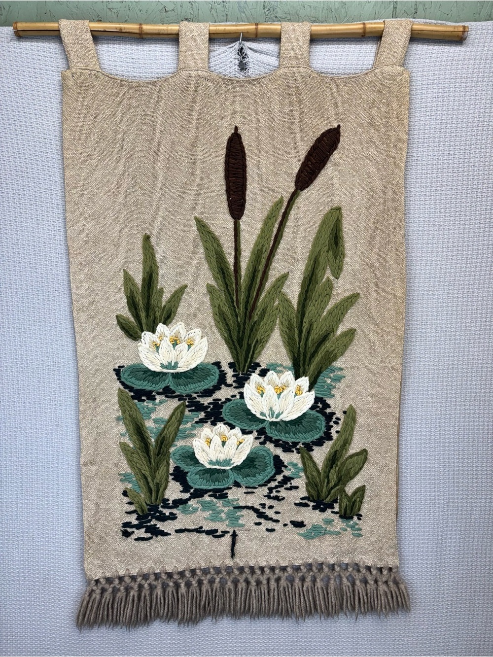 Vintage Crewel French Embroidery Wall Tapestry- Water Lillies Pond Linen 28x43”